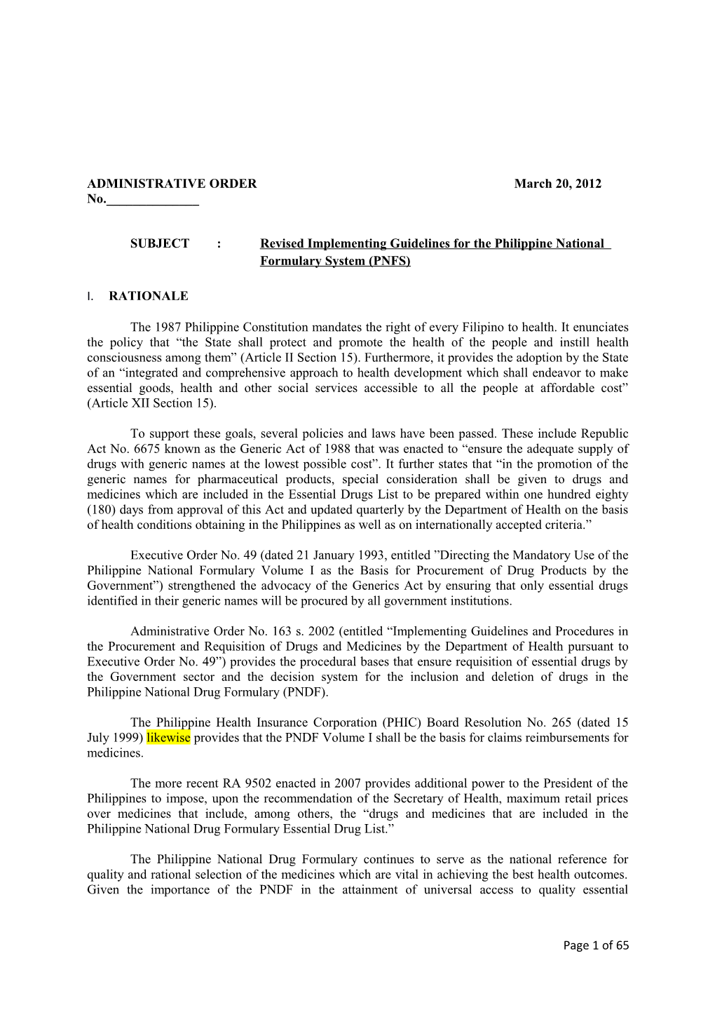 SUBJECT : Revised Implementing Guidelines for the Philippine National