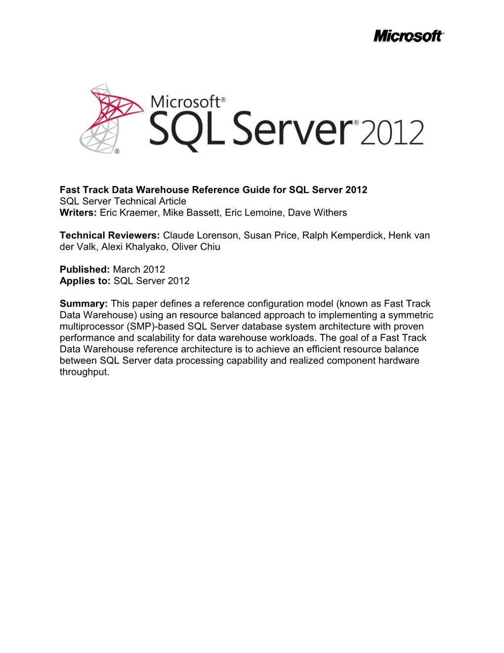 Fast Track Data Warehouse Reference Guide for SQL Server 2012