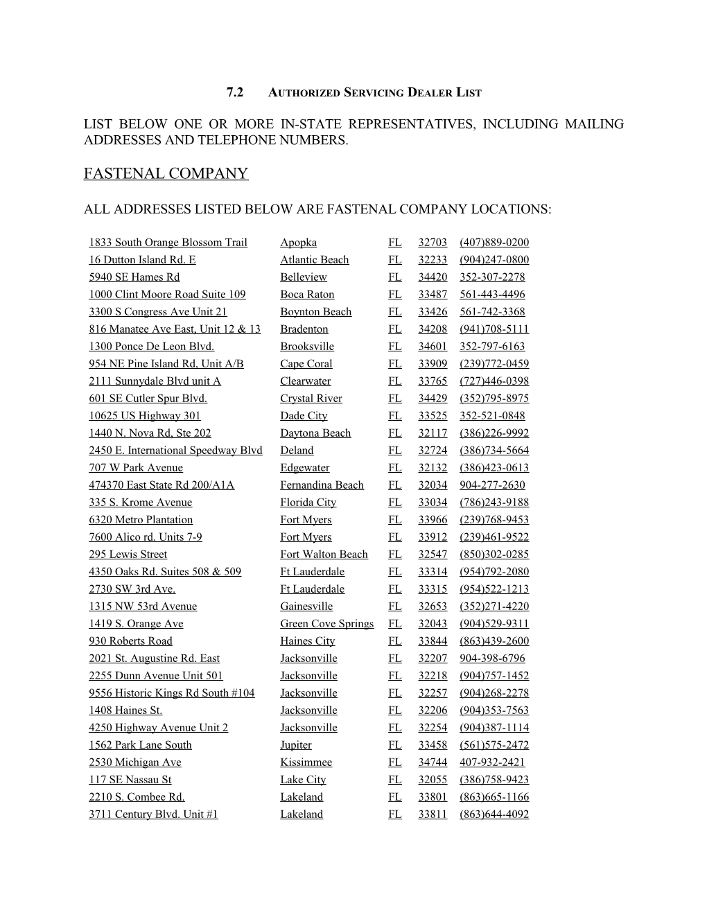 7.2 Authorized Servicing Dealer List