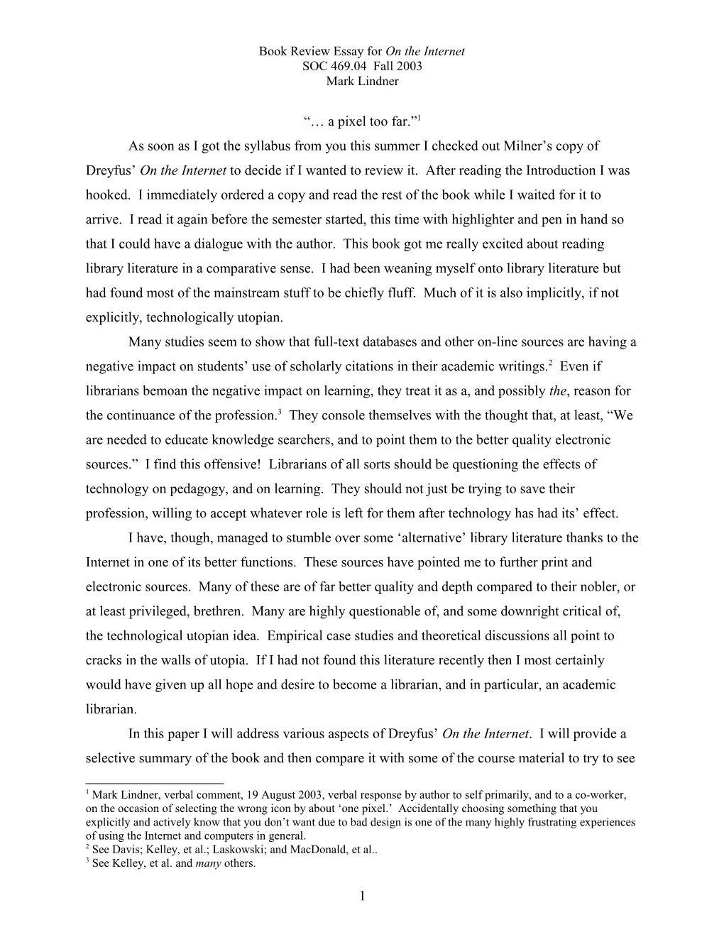 Book Review Essay for on the Internet