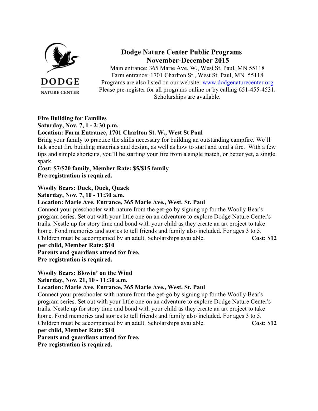 Dodge Nature Center Public Programs