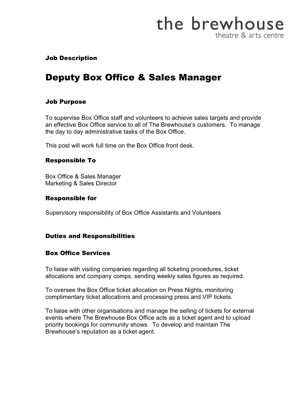 Job Description Box Office Manager