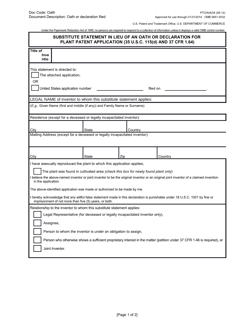 Substitute Statement in Lieu of Oath Or Dec for Plant Application (PTO AIA-04)