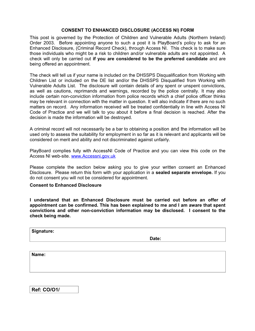 Declaration of Convictions and Consent to Poc (Ni) Check Form