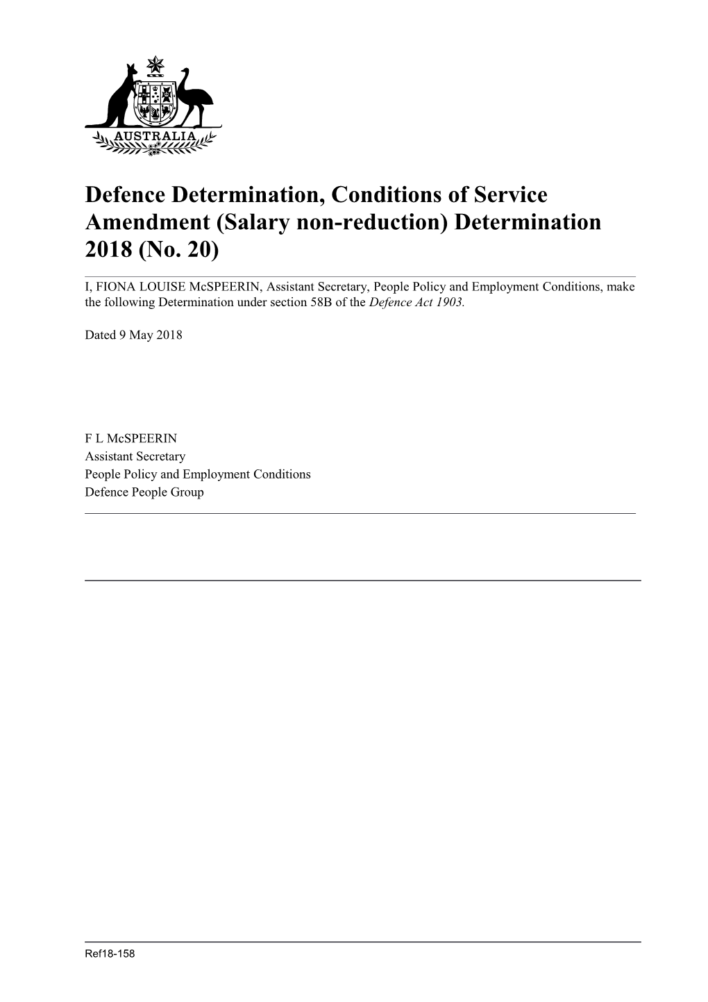 Defence Determination, Conditions of Service Amendment (Salary Non-Reduction) Determination