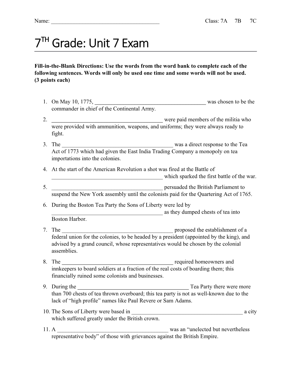 7TH Grade: Unit 7 Exam