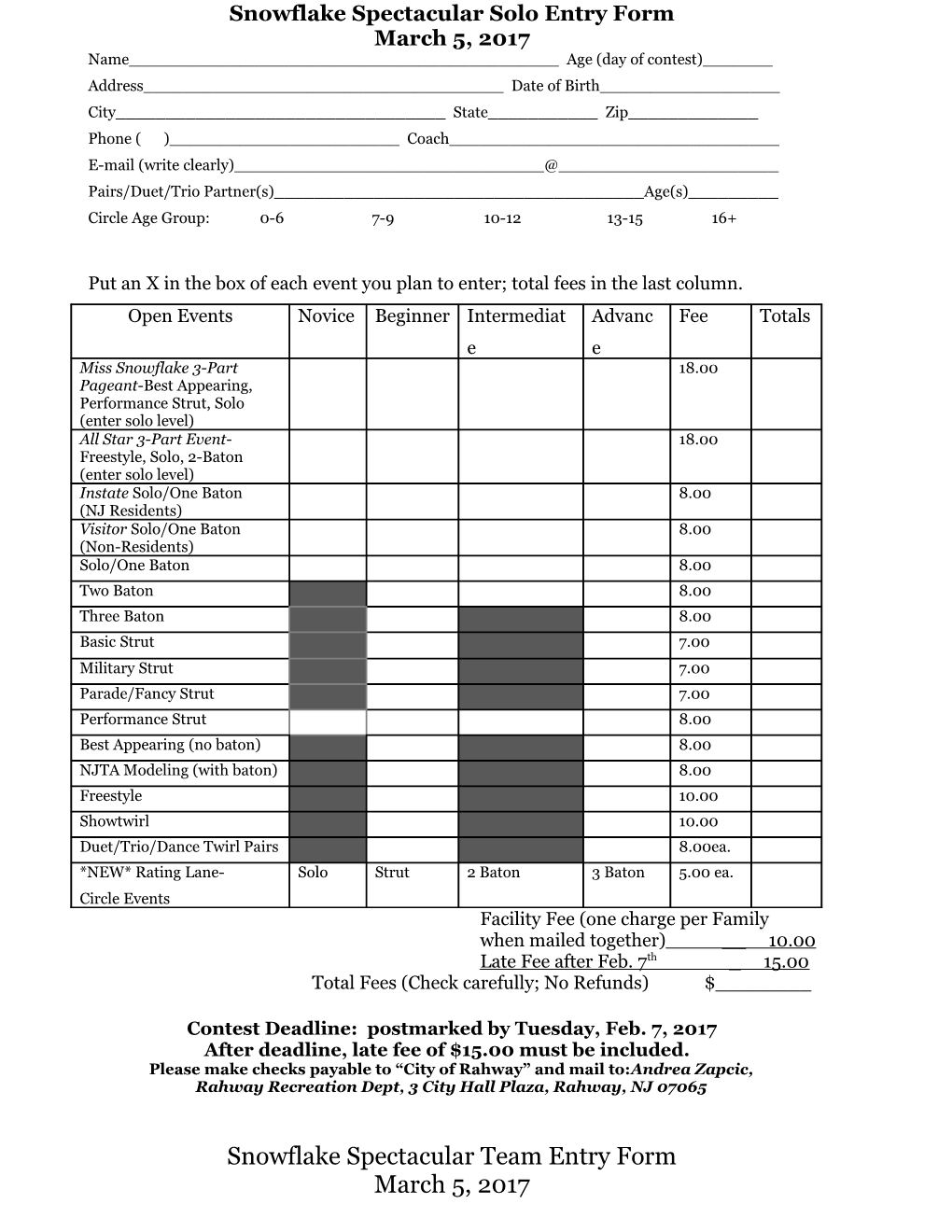 Snowflake Spectacular Solo Entry Form