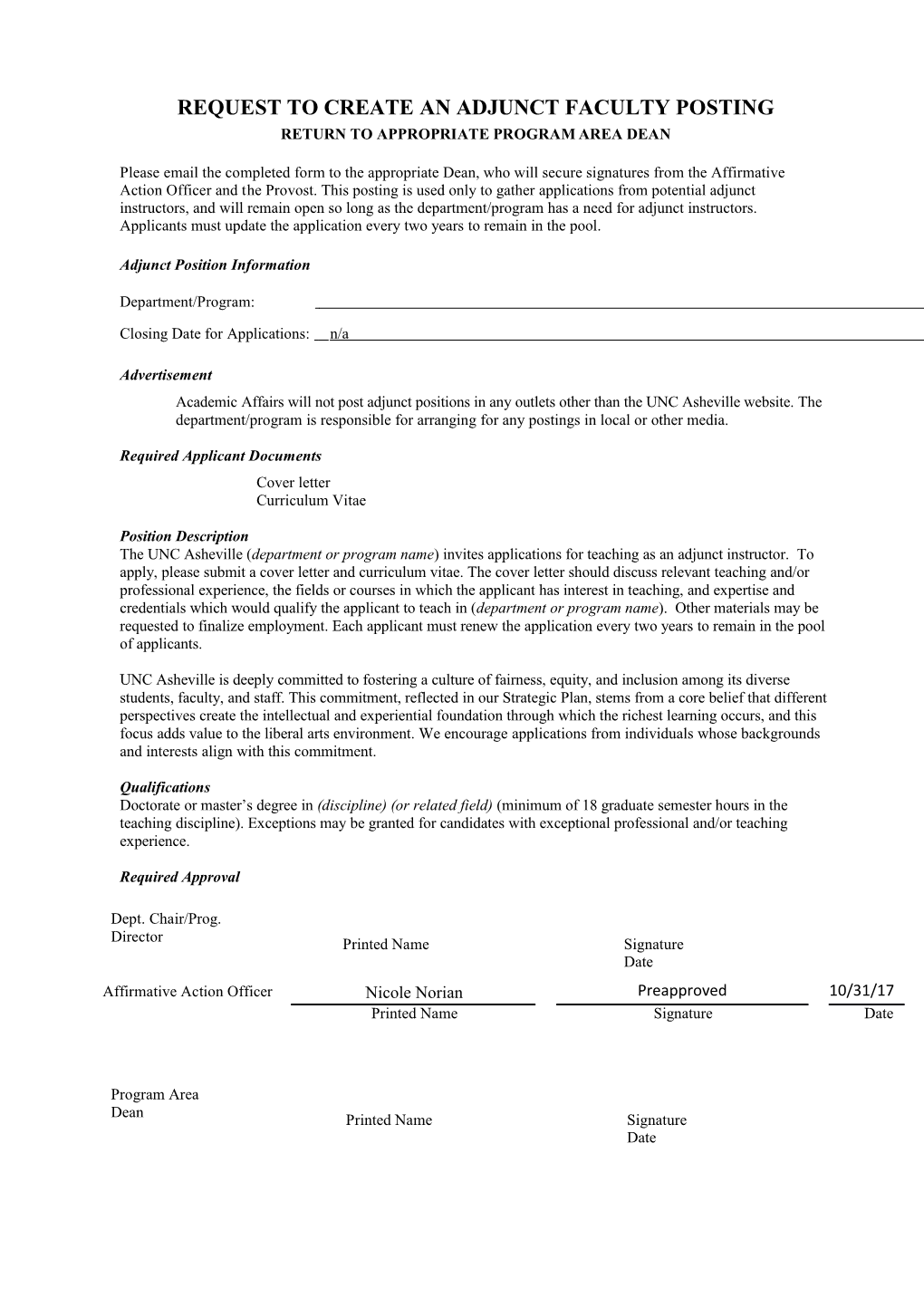 Request to Create an Adjunct Faculty Posting