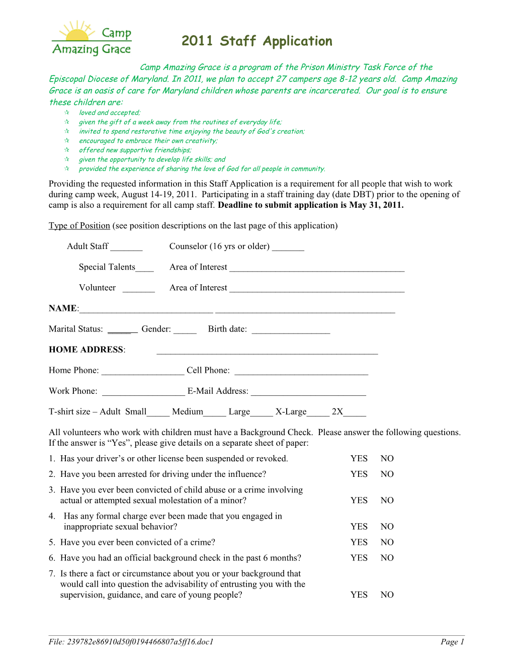 Application for Bishop Claggett Center