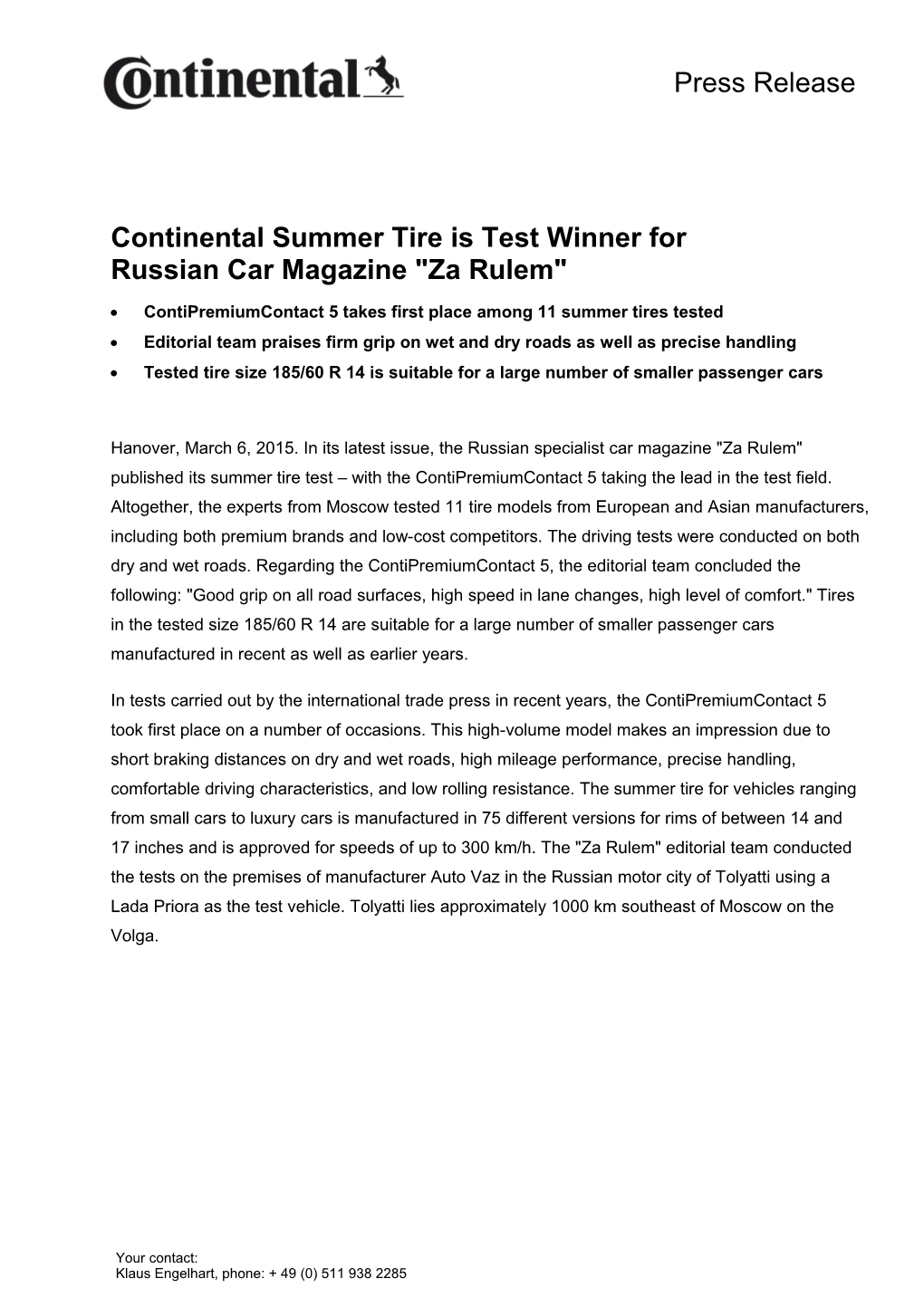 Contipremiumcontact 5 Takes First Place Among 11 Summer Tires Tested