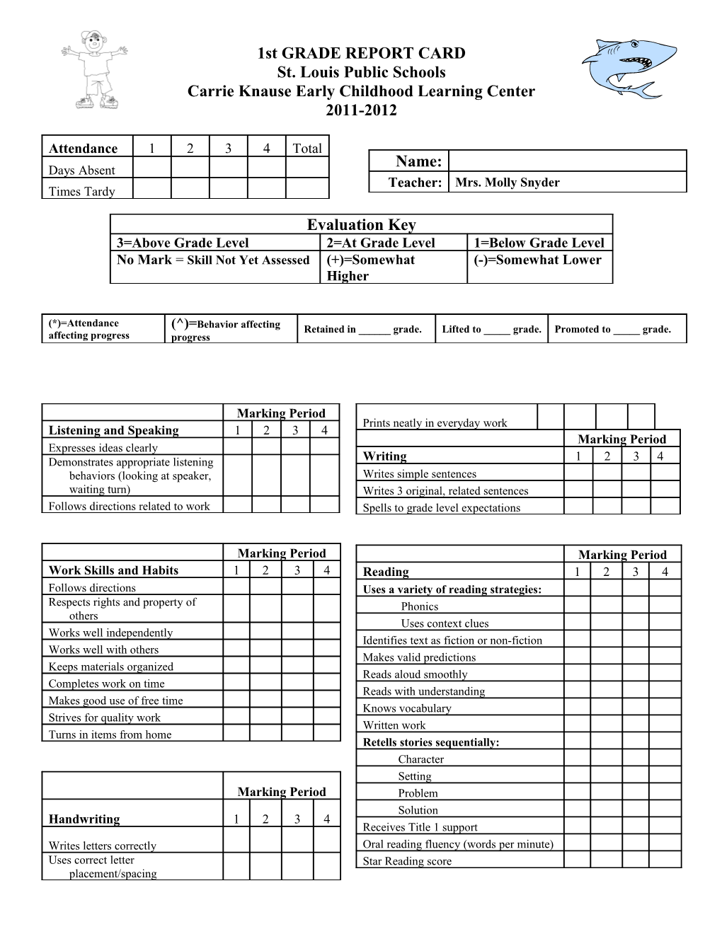 1St GRADE REPORT CARD