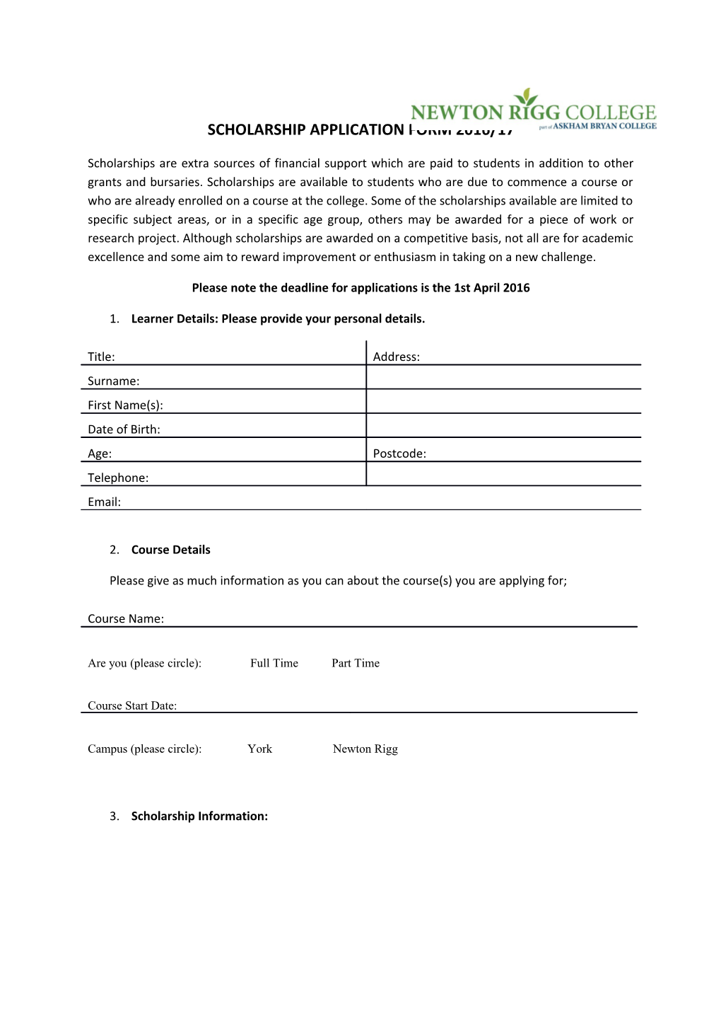 Scholarship Application Form 2016/17