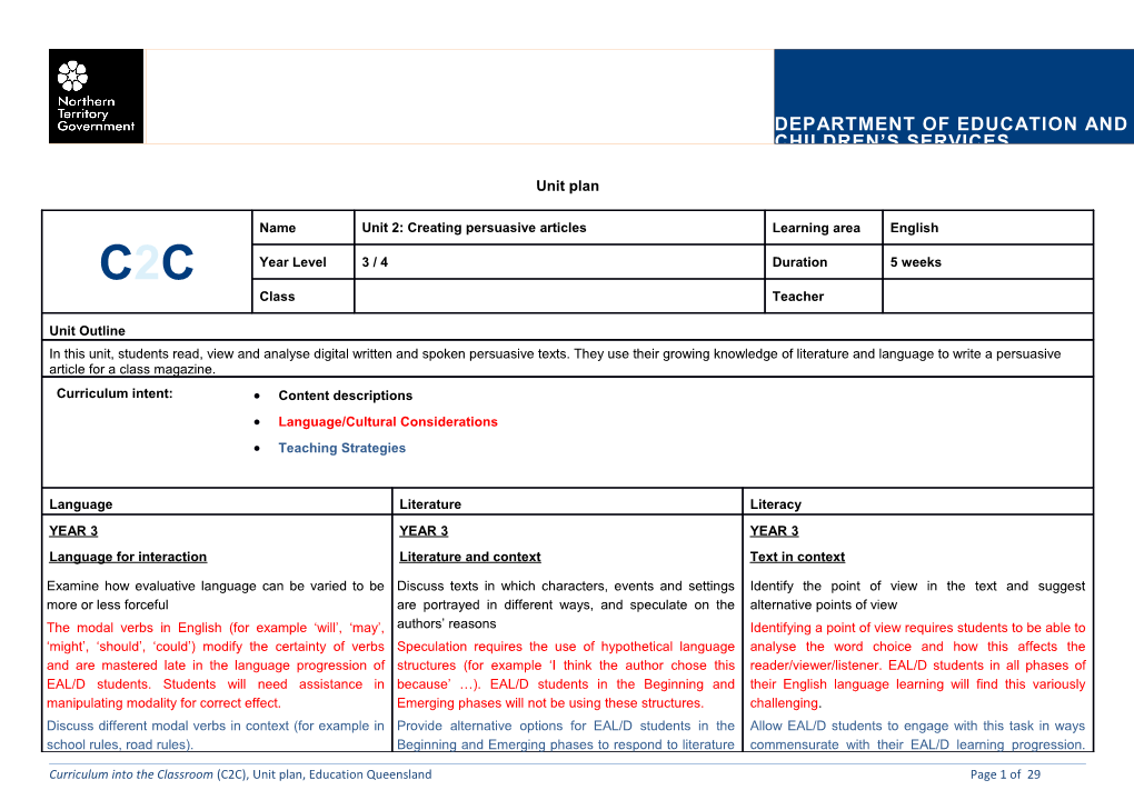 Curriculum Into the Classroom (C2C), Unit Plan, Education Queensland Page 1 of 30