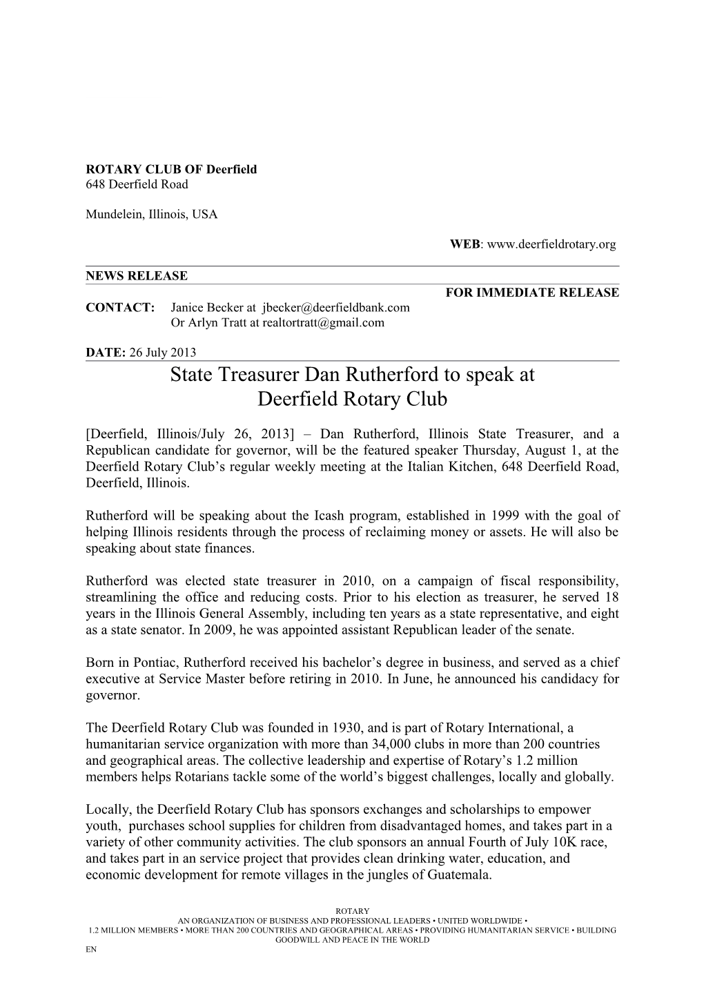 Rotary Day Press Release Template