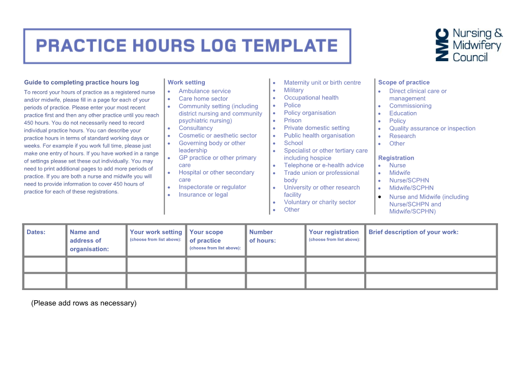 Practice Hours Log - Revalidation