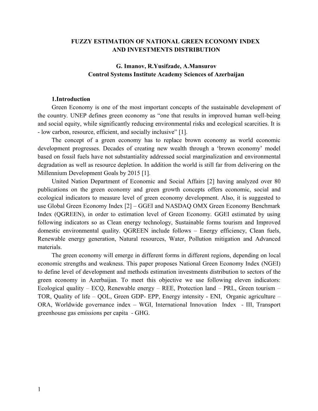 Fuzzy Estimationof National Green Economyindex