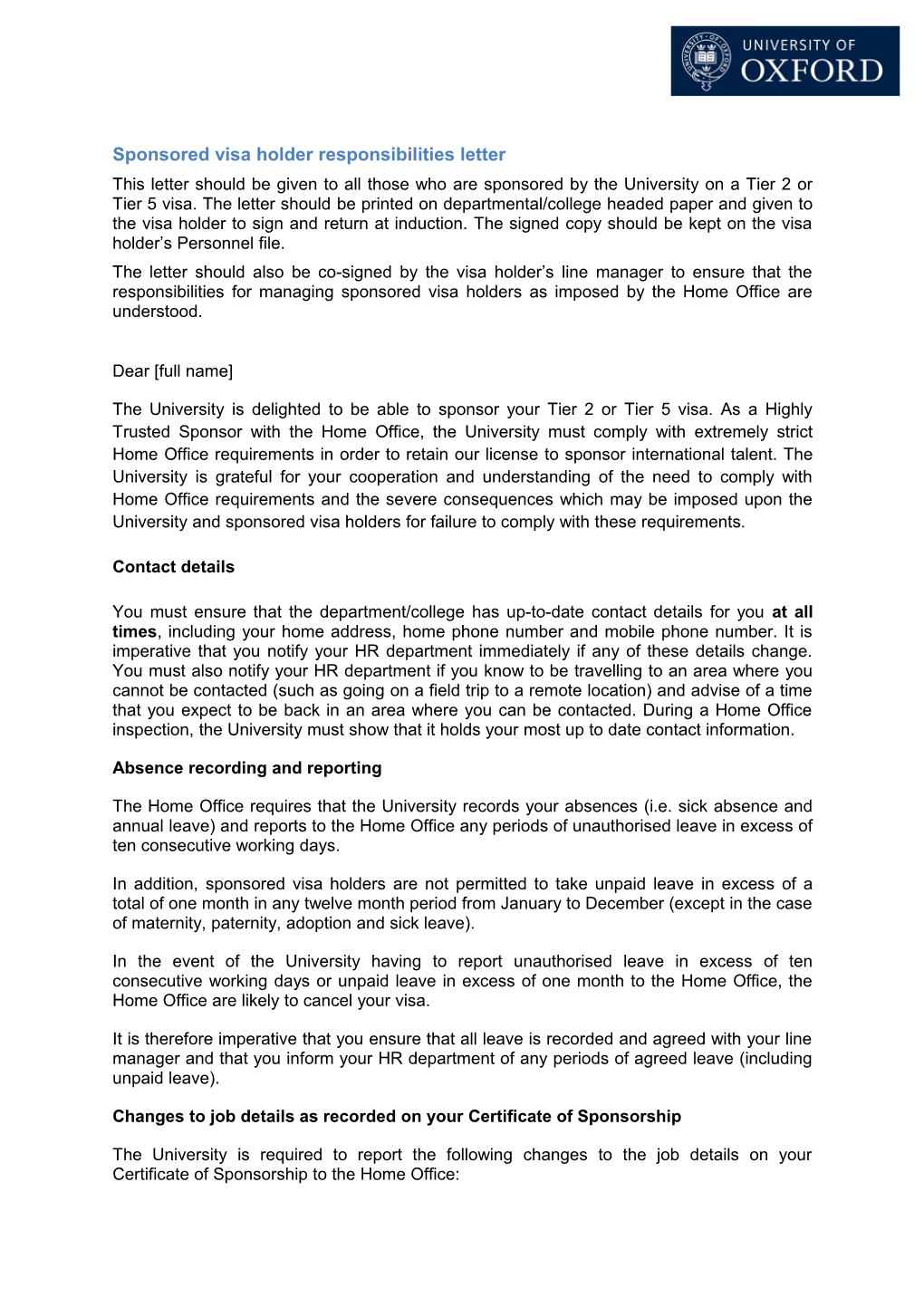 Letter to Give to Migrants Sponsored Under the Points-Based System