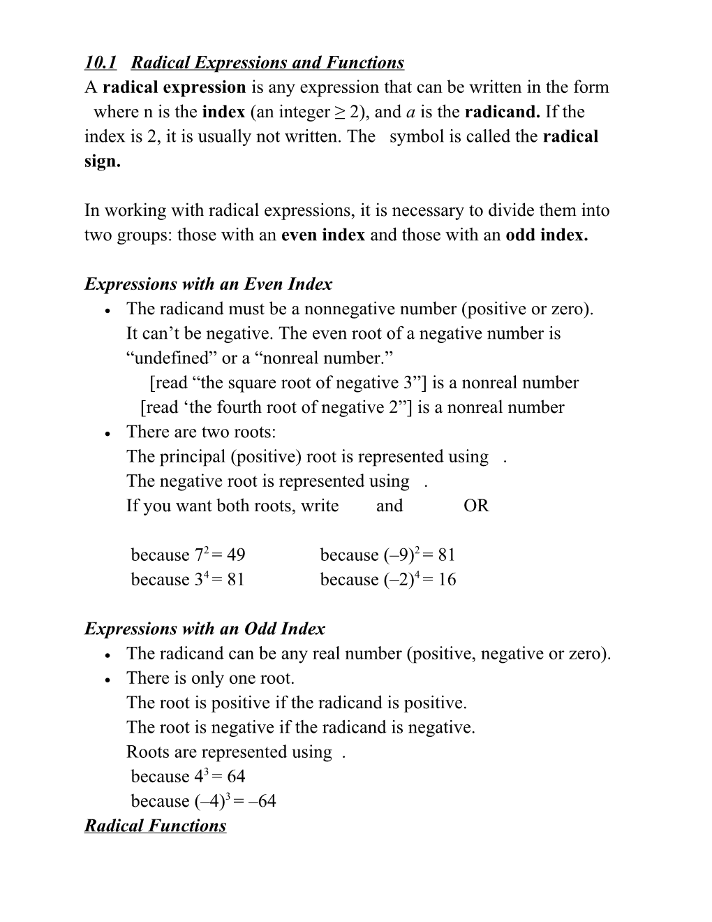 10.1 Radical Expressions and Functions