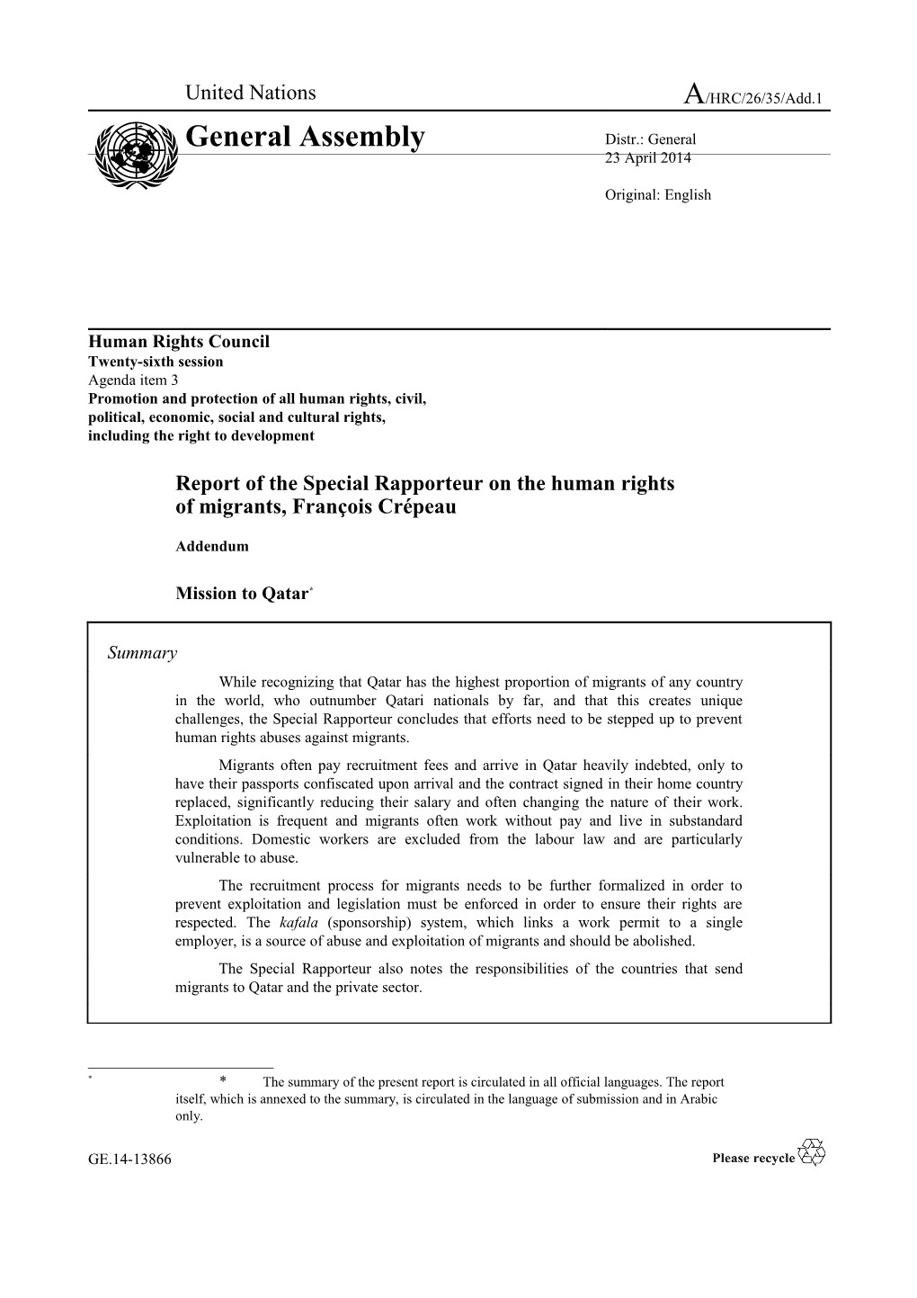 Report of the Special Rapporteur on the Human Rights of Migrants - Mission to Qatar in English