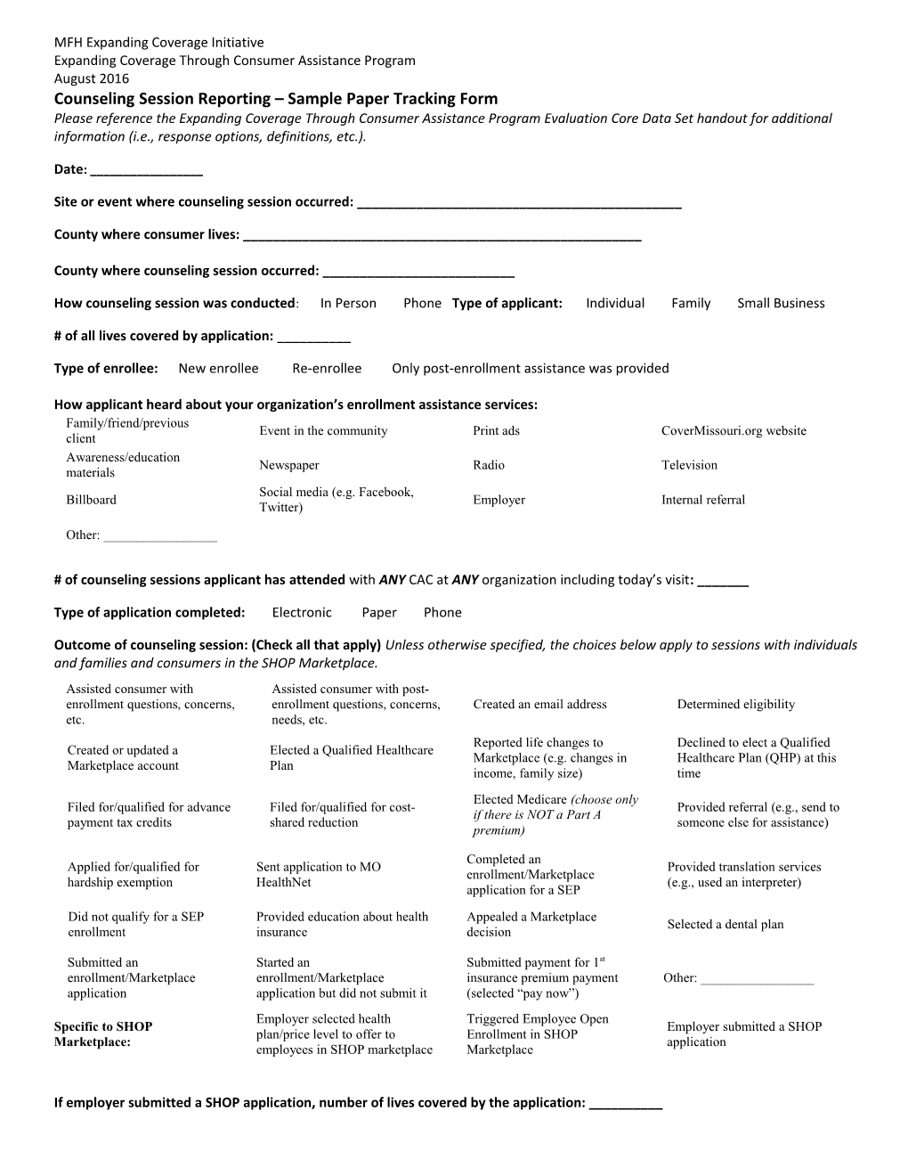 Counseling Session Reporting Sample Paper Tracking Form