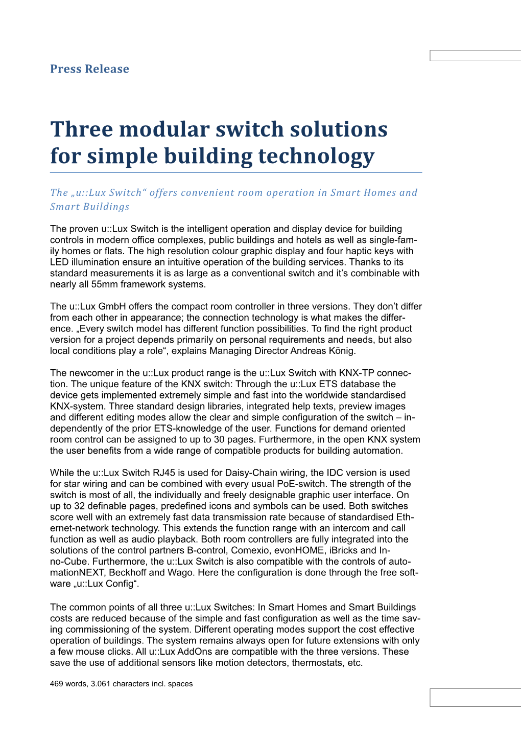 Three Modular Switch Solutions for Simple Building Technology