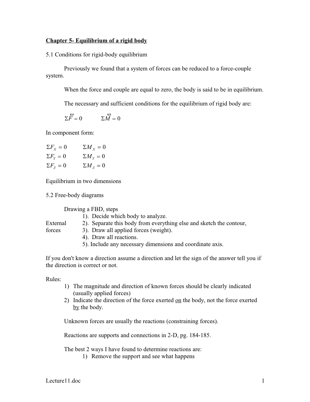 Chapter 5- Equilibrium of a Rigid Body