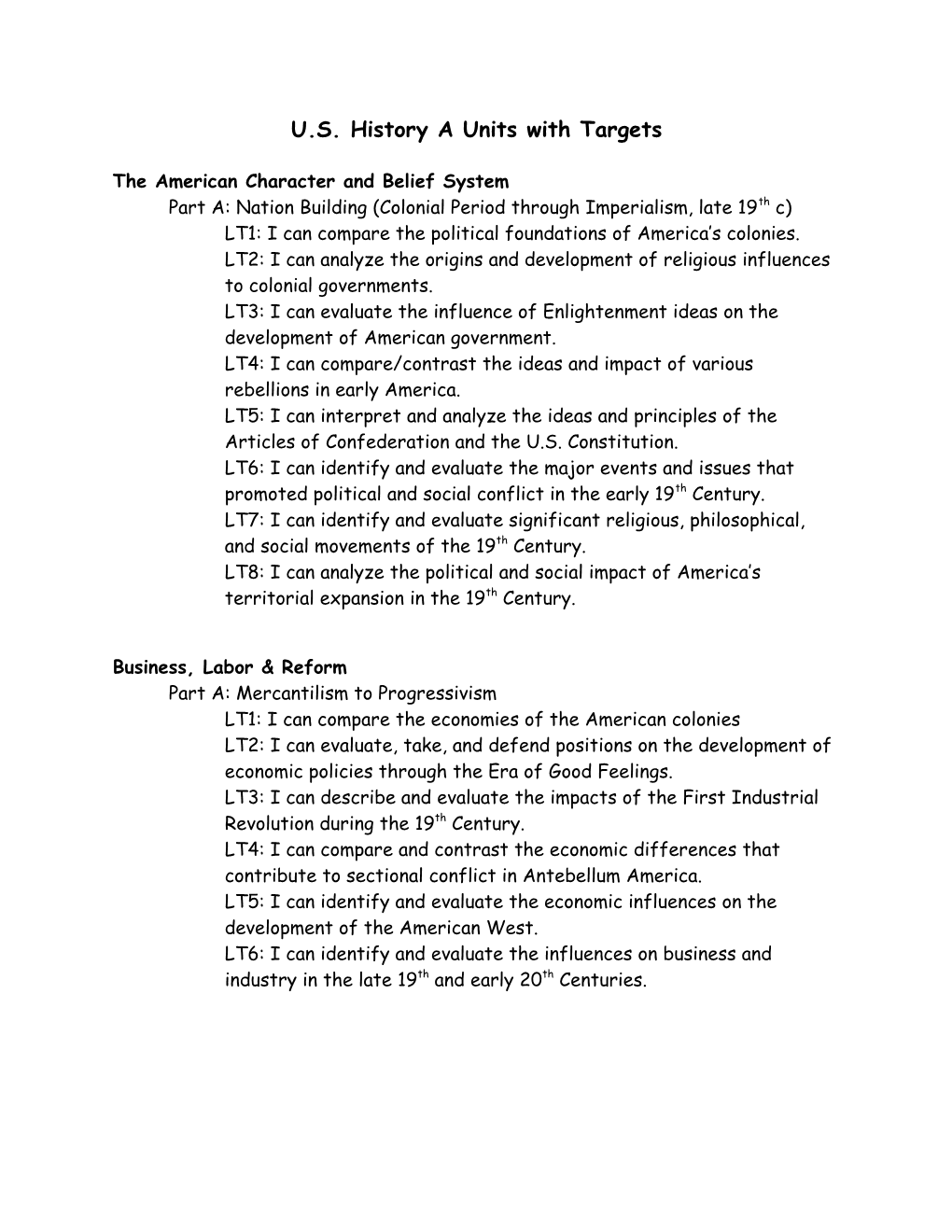 U.S. History a Units with Targets