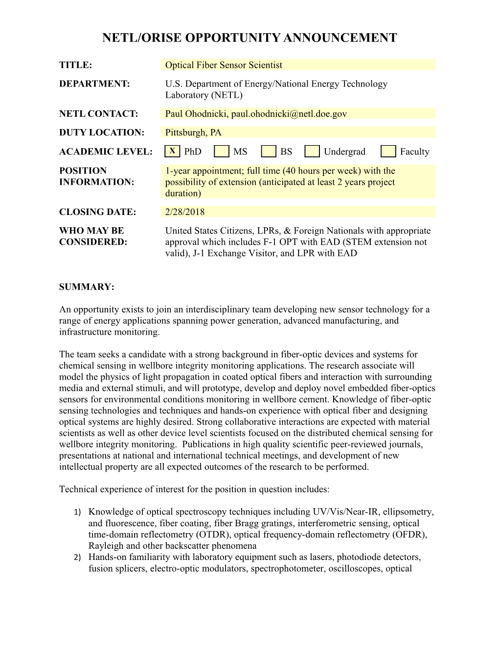 Netl/Orise Opportunity Announcement