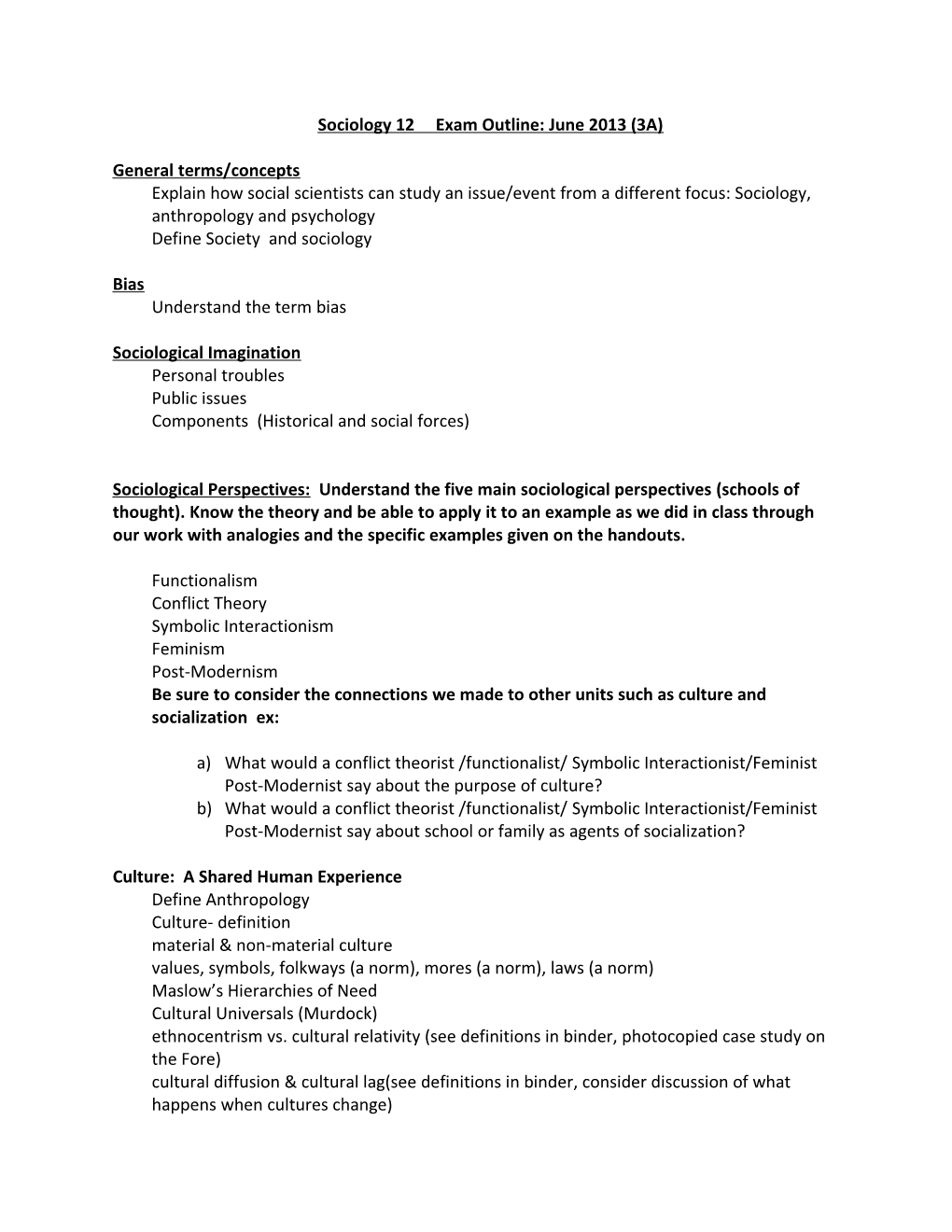 Sociology 12 Exam Outline: June 2011