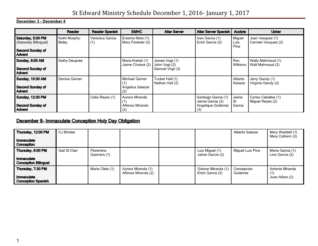 St Edward Ministry Schedule December 1, 2016- January 1, 2017