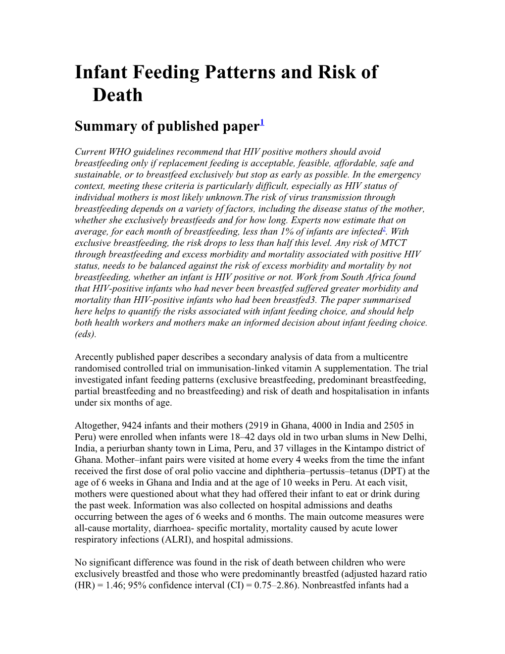 Infant Feeding Patterns and Risk of Death