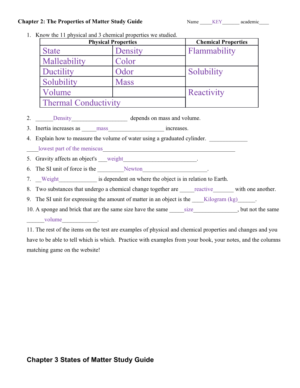 Chapter 2: the Properties of Matter Study Guide