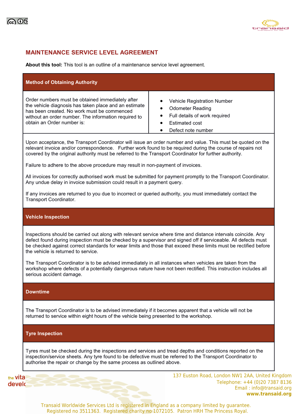 Maintenance Service Level Agreement