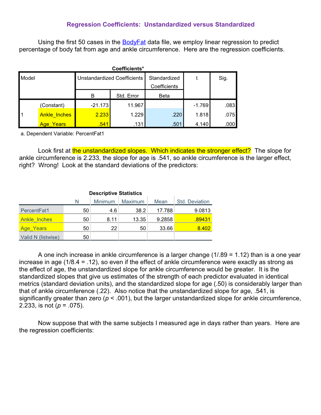 Regression Coefficients: Unstandardized Versus Standardized