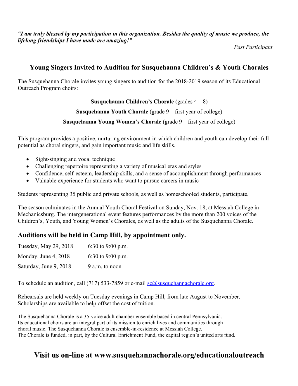 Young Singers Invited to Audition for Susquehanna Children Syouth Chorales