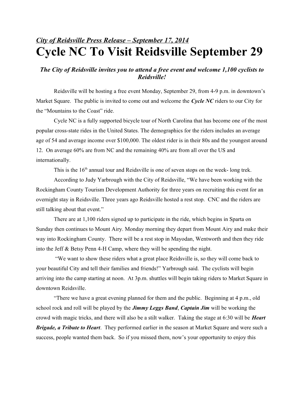 City of Reidsville Press Release September 17, 2014