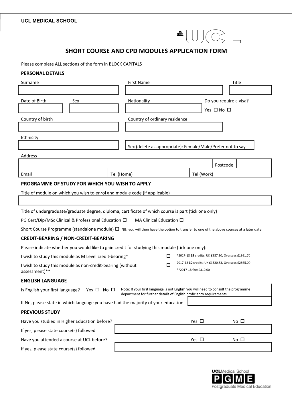 Short Course and Cpd Modules Application Form