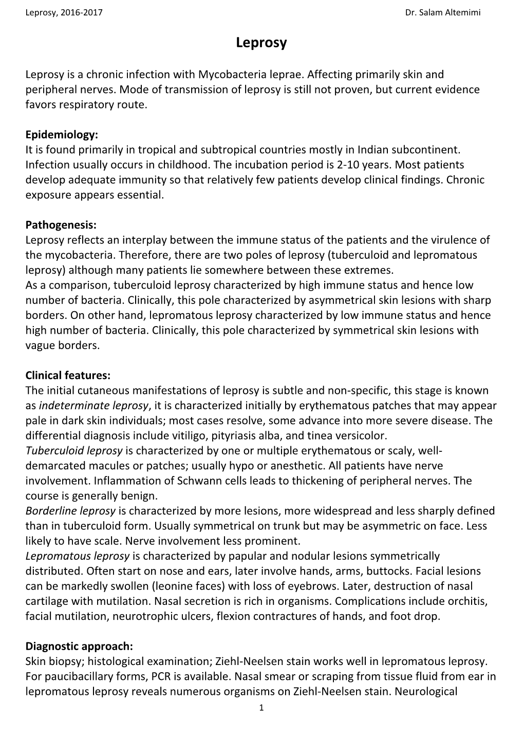 Leprosy, 2015-2016 Dr. Salam Altemimi