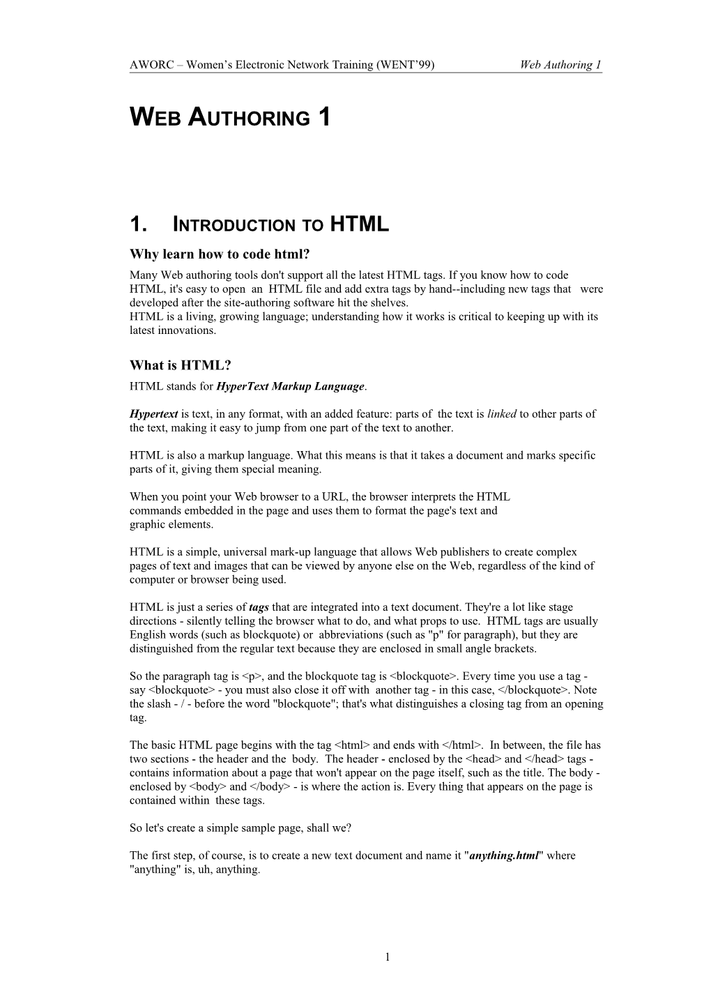 AWORC Women S Electronic Network Training (WENT 99) Web Authoring 1