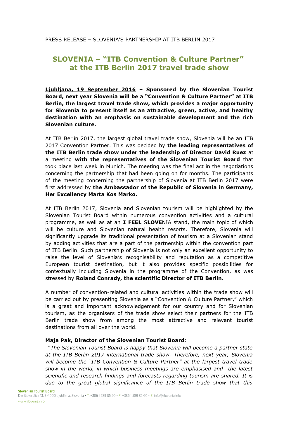 Press Release Slovenia S Partnership at Itb Berlin 2017