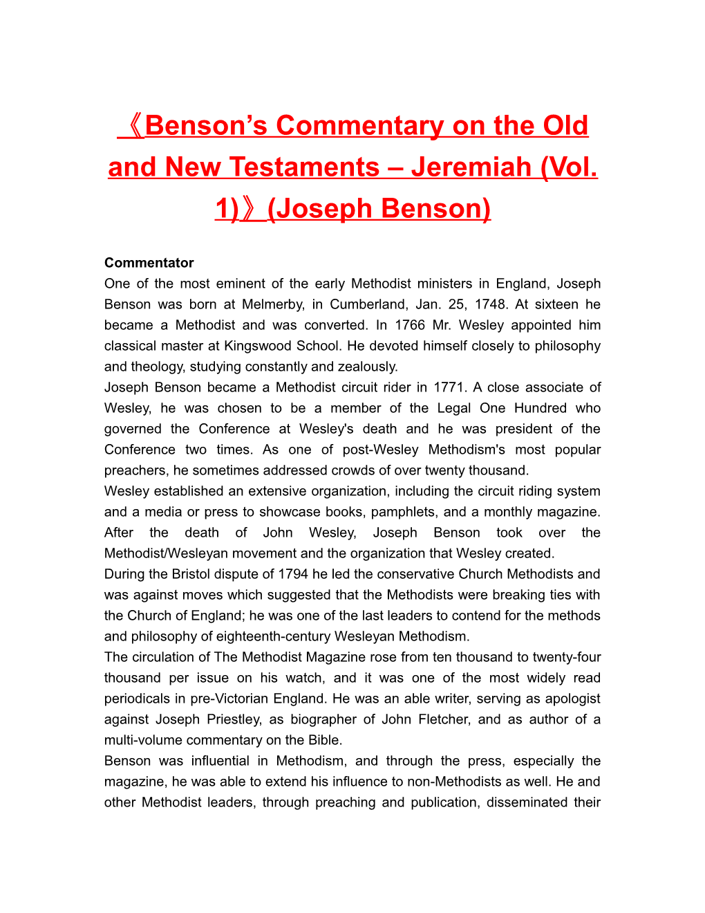 Benson S Commentary on the Old and New Testaments Jeremiah (Vol. 1) (Joseph Benson)
