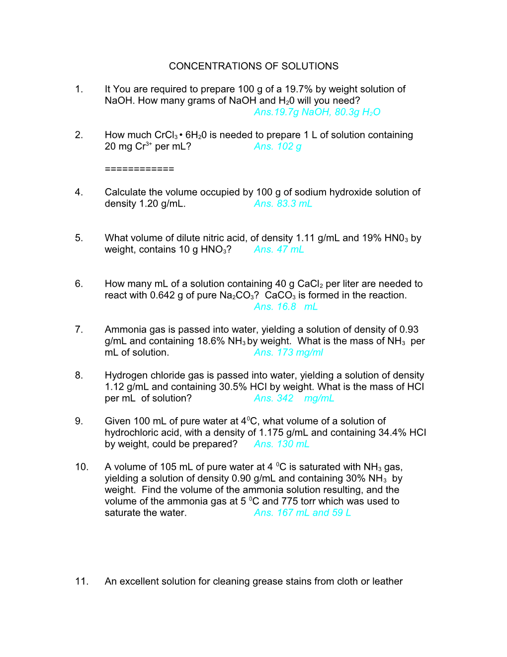 Concentrations of Solutions