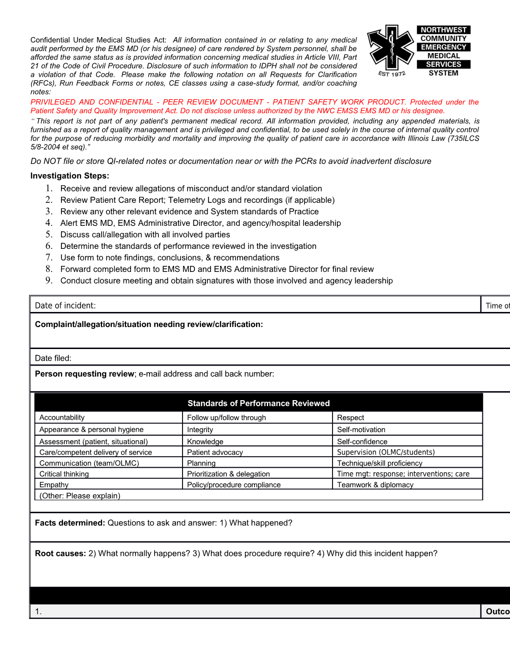 NWC EMSS Quality Review Report Page