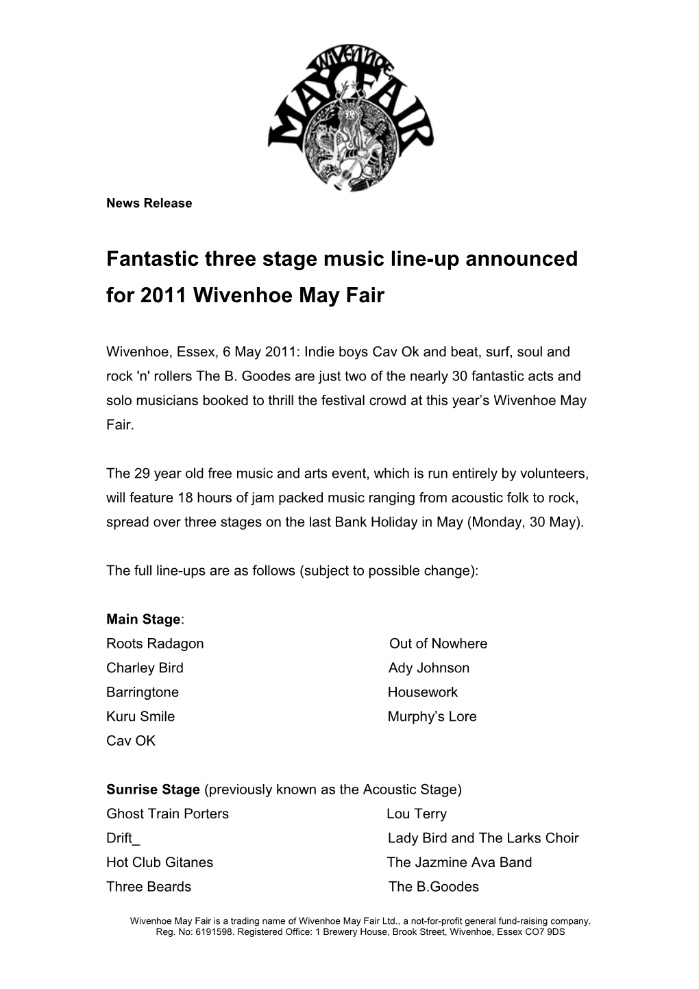 Fantastic Three Stage Music Line-Up Announced for 2011 Wivenhoe May Fair