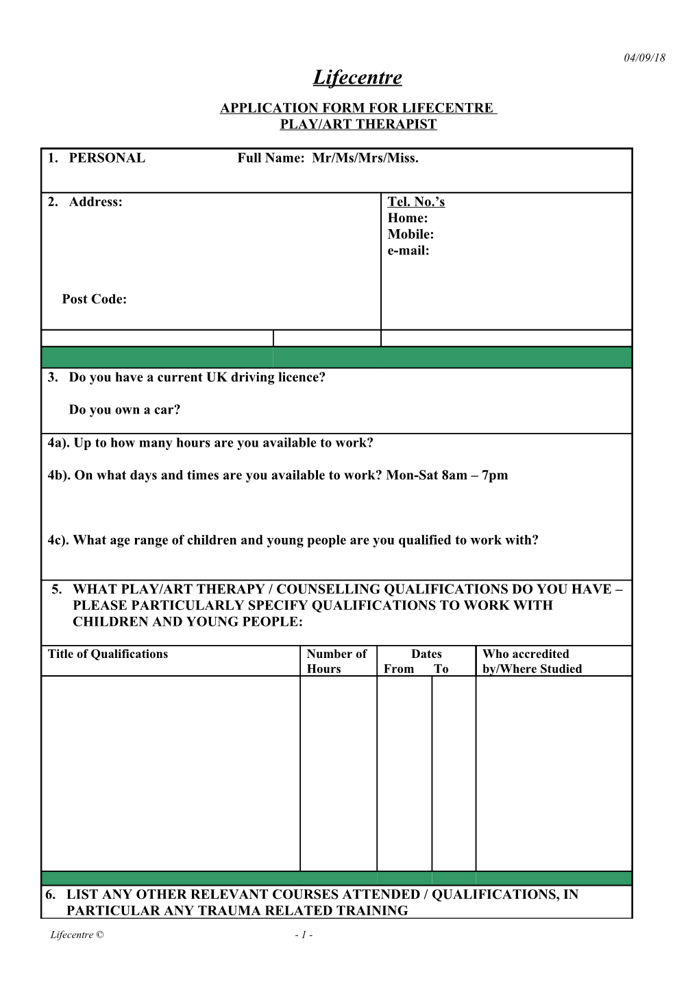 Application Form for Lifecentre