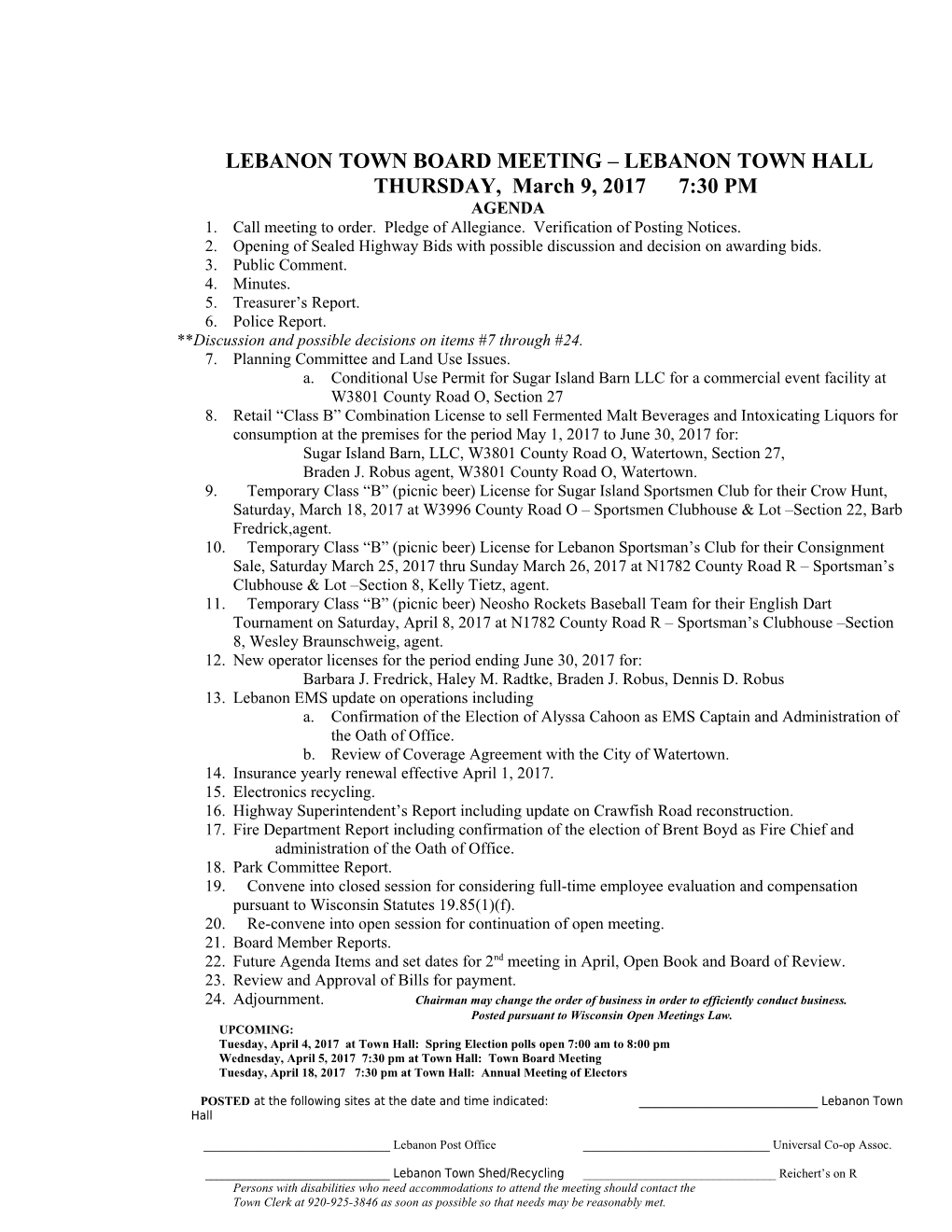 Lebanontown Board Meeting Lebanontown Hall