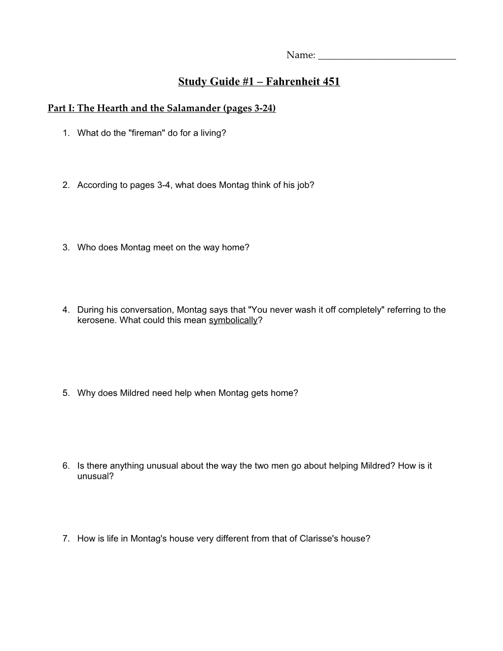 Study Guide #1 Questions: Fahrenheit 451