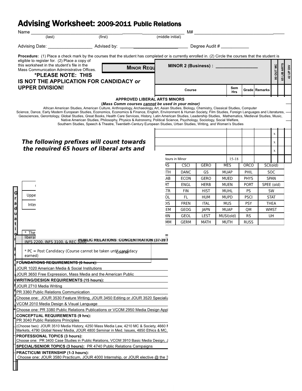 Advising Worksheet: 2009-2011Public Relations