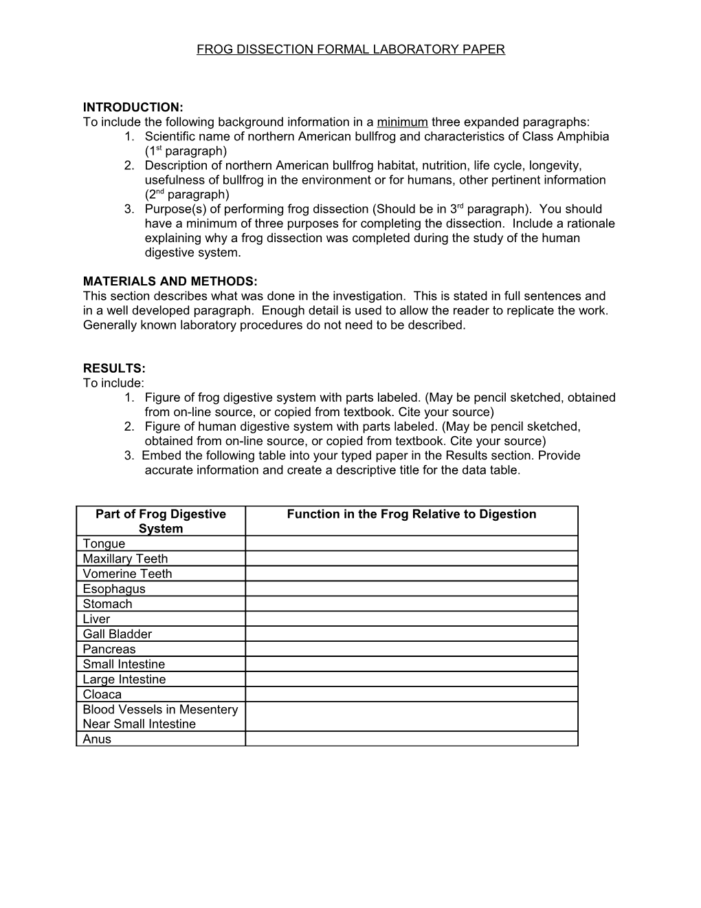 Frog Dissection Formal Laboratory Paper