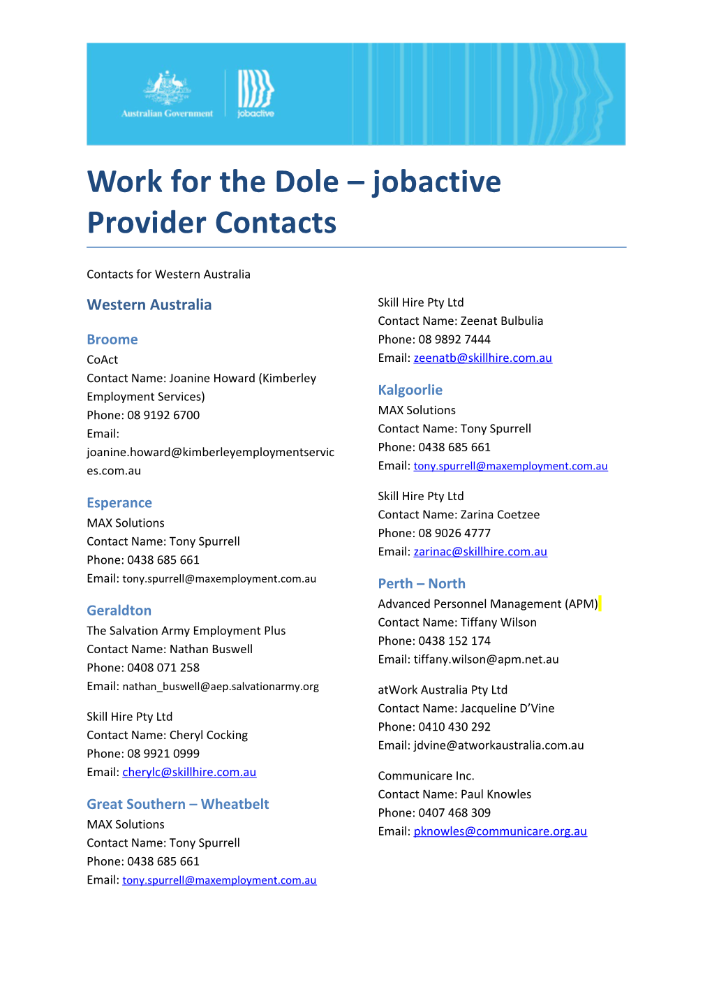 Work for the Dole Jobactive Provider Contacts